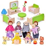 Tacobear Puppenhaus Puppenfamilie Set mit 8 Puppen Families Figuren Puppenhaus Möbel Holz Wohnzimmer Puppenhaus Zubehör Rollenspiel Spielzeug Kinder Spiel Geschenk für Mädchen Jungen