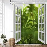 ASDCXZ Duschvorhang Dschungel 180x180 cm, Sommer Fensteransicht 3D Grün Tropische Bananenblätter Wasserdicht Textil Bad Duschvorhänge Waschbar Stoff Duschvorhang für Badewanne mit 12 Duschvorhang Hake
