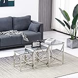 JYMTOM Satztisch 3er Set Couchtisch Beistelltisch aus Edelstahlgestell und Hartglas für Wohnzimmer Cafè und Bar modernes Design Sofatisch (Silber B, schwarzes Glas)