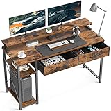 ODK Schreibtisch mit Regalen, Computertisch mit 2 Schubladen und Monitorständer, Bürotisch mit Bücherregal, Computertisch Klein PC-Tisch Officetisch für Home Office, 120x50x87cm, Rustikales Braun