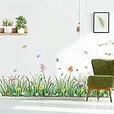 decalmile Wandtattoo Bordüre Grün Gras Wandaufkleber Blumenwiese Schmetterlinge Wandsticker Wohnzimmer Schlafzimmer Wanddeko