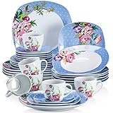 VEWEET 30-teilig Porzellan Tafelservice, Serie 'Hannah', Kombiservice für 6 Personen, Blau mit Floral Dekor