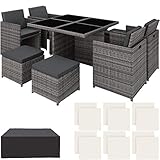 TecTake 800857 Poly Rattan Aluminium 4+1+4 Sitzgruppe Cube 4 Stühle 1 Tisch 4 Hocker + Schutzhülle & Edelstahlschrauben, als Würfel verstaubar (Grau | Nr. 403846)