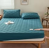 Velvet Quilted Fitted Sheet,Winter Bed Sheet,Machine Washable Mattress Topper, Mattress Protector Pad Cover Fits Up to 12 inch Deep Pocket,Green,79inchx87inch(3pcs)