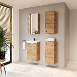 Planetmöbel Badset komplett aus Unterschrank 45cm mit Waschbecken, Spiegelschrank und 2X Midischrank in Gold Eiche, Komplettset für Badezimmer 5-teilig