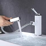 KAIYING Waschtischarmatur mit Herausziehbarer Spritze, Mischbatterie Waschbecken für Heißes und Kaltes Wasser, Ausziehbarer Wasserhahn Bad mit Drehbarem Auslauf (Chrom und Weiß)