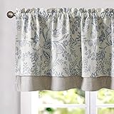 TOPICK Doppellagige Leinen Scheibengardine Geblümt Küche Vorhang Klein Fenstervorhang Blickdicht Floral Gardine Verdunklung Landhaus Stil Bistrogardine Rüschen für Bad 1 Schal 125x45cm Blau auf Beige