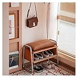 EnixWh Schuhschrank für den Eingangsbereich, Schuhbank mit Handlauf aus Edelstahl 304, Aufbewahrungsregal für den Raum, 60 x 32 x 38 cm (Größe: Kissen aus echtem Leder – 52 cm)