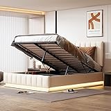 KecDuey Polsterbett 140 x 200 cm mit LED, Doppelbett mit Metalllattenrost,Bettkasten,höheverstellbarem Polsterkopfteil hydraulischem Stauraum(ohne Matratze)
