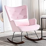 HomeMiYN Schaukelstuhl Samt Schaukelsessel mit Metallgestell und Holzsockel Polstersessel für Wohnzimmer Retro Sessel Freizeit Relaxstuhl für Wohnzimmer/Schlafzimmer/Kinderzimmer (Pink)