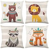Kissenbezug 50x50 cm 4er Set Natur Leinen Kinderkissen Bezug Waldtiere Löwe Fuchs Bär deko Kissenbezüge Kissen Bunt Zierkissenbezüge ​für Wohnzimmer Kissenhülle Sofakissen Kinderzimmer Kindertag Deko