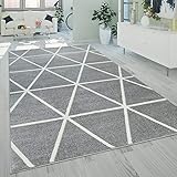 Paco Home Teppich Wohnzimmer Kurzflor Rauten Skandi Muster Modern Weich Grau Weiß, Grösse:120x170 cm