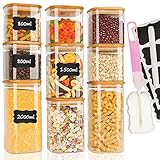 JMMXG Vorratsdosen Glas mit Deckel 9er Set,Vorratsglas mit Deckel Eckig Stapelbares Vorratsgläser mit Etiketten Vorratsdosen mit Deckel für Kaffeebohnen Gewürze Tee Zucker