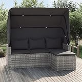 Homgoday Gartensofa mit Faltbares Sonnendach und Fußhocker Gartensofa Lounge 3-Sitzer Gartenbank Gartenmöbel Sonnenliege Couch Gartenliege Grau Poly Rattan