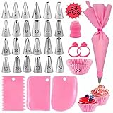 33 Stück Spritztüllen Set, Torten Zubehör Mit 24 Tüllen Set, Spritzbeutel Silikon Mehrweg, Adapter, Kuchenschaber, Für Herstellung Von Cupcakes, Keksen, Torten Dekoration, Puffs (Rosa)