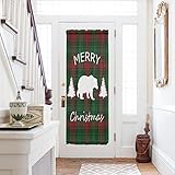 137 x 183 cm Türvorhang, halbtransparent, französische Türverkleidung mit Raffhalter, Eisbär und Weihnachtsbaum auf rotem und grünem Gitter, verstellbare Sichtschutz-Tür-Fenstervorhänge für Glastür