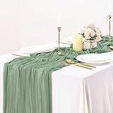 Tischläufer Grün für Boho, Tischläufer Salbeigrün, Tischläufer Eukalyptus Grün 90 x 300 cm, Käsetuch Tischläufer mit Romantisch, Chiffon Tischläufer für Hochzeit, Dekoration, Geburtstagsparty