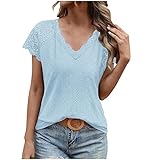 TURWXGSO Tshirt Damen Sommer Oberteile Kurzarm Shirt V-Ausschnitt T-Shirt Basic Shirt Spitzen-Patchwork-Top Lässige Oberteile Casual Tunika Tops Sommershirts Top Einfarbig T-Shirts