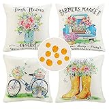 Cheekywares Kissenbezug 45x45cm Frühling Blumen Kissenbezüge Outdoor wasserdichte Kissenhülle Bauernhaus Bunte Dekokissen Sofakissen Bezug für Auto Home Bed Büro Cafe Garten Wohnzimmer 4er Set