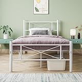 HOJINLINERO Metallbett 90x200 Bettgestelle aus Metall mit Lattenrost,Doppelbett/Einzelbett,Bettrahmen mit Kopfteil, Gästebett Jugendbett für Schlafzimmer Gästezimmer,Weiß