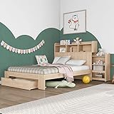 FEZTOY Kinderbett mit Schubladen und Bücherregal, Massivholz Stauraum Einzelbett mit Lattenrost, Bettkasten Jugendbett Funktionsbett, Ohne Matratze(90x200-mit Bücherregal)