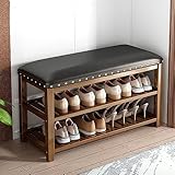 Schuhregal aus Bambus, rustikale Eingangsbank, Schuhaufbewahrungsbank mit Ledersitzen, 2-stufige Schuhbank, Schuhorganisator, gepolsterte Bank, braun, 80 x 29 x 49 cm (31 x 11 x 19