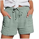 Damen Shorts Sommer Mode Lässige Hose mit hoher Taille Gerades Bein Sport Lässige Lockere Shorts mit Kordelzug Kurze Hose mit Taschen Gummiband Freizeit Shorts Elastische Stoffhose