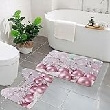 BAFAFA Rosa Weihnachtskugeln bedruckt Badezimmerteppich Badematten Set 2 Stück weiche Flanell Duschmatten rutschfeste Badteppich U-förmige WC-Matte für Badezimmer Badewanne Dusche