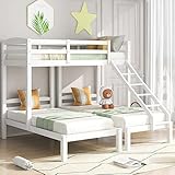 Dreierbett für 3 Kinder, Dreifaches Etagenbett mit Seitenleiter, Kinderbett 90x200cm mit Lattenrost und Rausfallschutz, Vielseitiges Holz Bettgestell für Mädchen & Jungen, Stabil Hochbett, Weiß