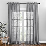 PONY DANCE Voile Vorhang Halbtransparent Dunkelgrau - Leinenoptik Vorhänge mit Stangedurchzug Raue Oberfläche Gardinen Wohnzimmer Dekoschal, 2er Set H 240 x B 132 cm