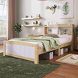 KEDAZM Stauraum Plattformbett mit Lattenrost, 90 x 200 cm Massivholz Einzelbett mit Stauraum Kopfteil Bett für Kinderbett Jugendzimmer (Ohne Matratze und Schubladen)