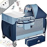 KIDIZ® Babybett 3 in 1 Reisebett Kombi Set Baby Bett mit Wickelauflage Moskitonetz Laufstall Baby ab Geburt bis 15 kg luftige Seitenwände mit Seiteneingang Tragetasche zusammenklappbar, Blau