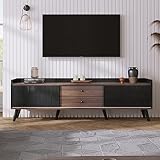 Moimhear TV-Schrank mit Zwei Schubladen, Fernsehtisch TV Board, TV- Lowboard niedrige Platte mit Zwei Schiebetüren. Exquisite Textur. Schwarz und natürliches Holzfarbe. H58/L160/T40 cm