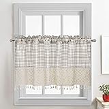 choicehot Karierte Küche Gardine mit Häkeln Spitze Beige Bistrogardine mit Quasten Vintage Kurzstores Gardinen Landhausstil Baumwolle und Leinen Kurz Kleine Fenster 1 Stück H/B: 45 x 150 cm