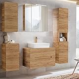 Lomadox Badmöbel Set mit 80 cm Waschtisch & LED-Spiegelschrank, Wotan Eiche Nb, Hochschrank, Hängeschränke, B/H/T ca. 180/200/46 cm