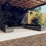JUNZAI 11-TLG. Garten-Lounge-Set mit Kissen, Balkon Möbel, Gartensofa, Balkonmöbel Set, Terrassenmöbel, Gartenlounge Outdoor, Lounge Garten, Sitzlounge, Sitzecke Balkon, Grau Poly Rattan
