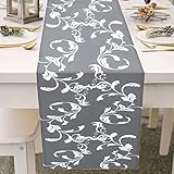 Leinenoptik Tischläufer Abwaschbar Tischläufer, Tischdecke Elegante Heimtextilien Tischläufer für Esszimmer Party Urlaub Dekoration (40 x 140 cm, Grau Blumen)