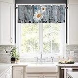 TocaHome Küchenvolant kurzer Fenstervorhang für Wohnzimmer Badezimmer Frühling Gänseblümchen Blumen Vintage Bauernhaus Holzmaserung Stangentasche halbtransparenter Vorhang Volant 106,7 x 30,5 cm