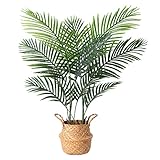 Ferrgoal Kunstpflanze Areca Palme mit Seegras Korb 110cm Plastik Künstliche Pflanzen Groß im Topf Deko Badezimmer Wohnzimmer Schlafzimmer Balkon(1 Stück)