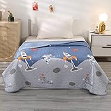 Qucover Tagesdecke Baumwolle 140x200cm für Kinder/Jungen/Teenager Blau mit Raketenmuster, Bettüberwurf/Überwurfdecke 150 * 200cm für Einzelbett