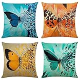 Cekog 4er-Set Kissenbezug Leinen Kissenbezüge Dekokissen Kuschelkissen Zierkissen Sofakissen Couchkissen Kissenhülle für Sofa Schlafzimmer Bunte Blume Schmetterling 60x60cm