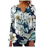 Longbluse Damen Sexy Retro Notch V Neck Hemdbluse Damen Lange Shirts Damen Sommer Langarm Glocke Ärmel Sporttop Mit Blumen Locker Blusenhemden Knopfleiste Sommer,Dark Green,S