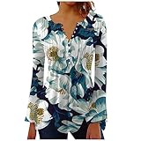 Longbluse Damen Sexy Retro Notch V Neck Hemdbluse Damen Lange Shirts Damen Sommer Langarm Glocke Ärmel Sporttop Mit Blumen Locker Blusenhemden Knopfleiste Sommer,Dark Green,S