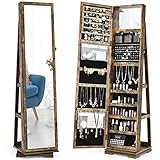 COSTWAY Schmuckschrank, Spiegelschrank mit Ganzkörperspiegel und eingebauter Make-up-Spiegel, abschließbar, stehend, Schmuckaufbewahrung, Schmuck-Organizer mit Schlüsseln (Braun)