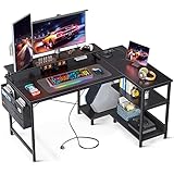 ODK Schreibtisch l Form Schwarz, Gaming Tisch L Form, Eckschreibtisch mit USB-Ladeanschluss & Steckdose, Ecktisch Gaming mit Regal Reversibe & Monitorregal für Büro, Heimbüro, 120x80x88cm