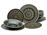 CreaTable, 23588, Serie MANDALA GOLD - schwarz, Geschirrset, Teller Set 12 teilig