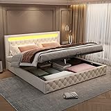 AMDXD Polsterbett 180 x 200 cm, Funktionsbett mit Lattenrost und Stauraum, Doppelbett LED-Beleuchtung, Gästebett mit Funktion von Aufbewahrung Für Erwachsene, weiß, PU