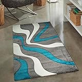 CARPETIA Moderner Teppich mit Wellenoptik für das Wohnzimmer | in türkis weiß & grau, 60 x 110 cm