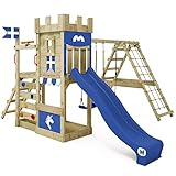 WICKEY Spielturm Ritterburg DragonFlyer mit Schaukel & Blauer Rutsche, Outdoor Kinder Kletterturm mit Sandkasten, Leiter & Spiel-Zubehör für den Garten