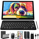 Tablet mit Tastatur 10 Zoll Android 11, 4G LTE Dual-SIM WiFi, Octa-Core 4GB RAM 64GB ROM (TF 512GB), HD 1280P IPS, 13MP 6000mAh Akku Stift/Maus/GPS/Bluetooth/OTG/Typ C/3.5mm (Schwarz)